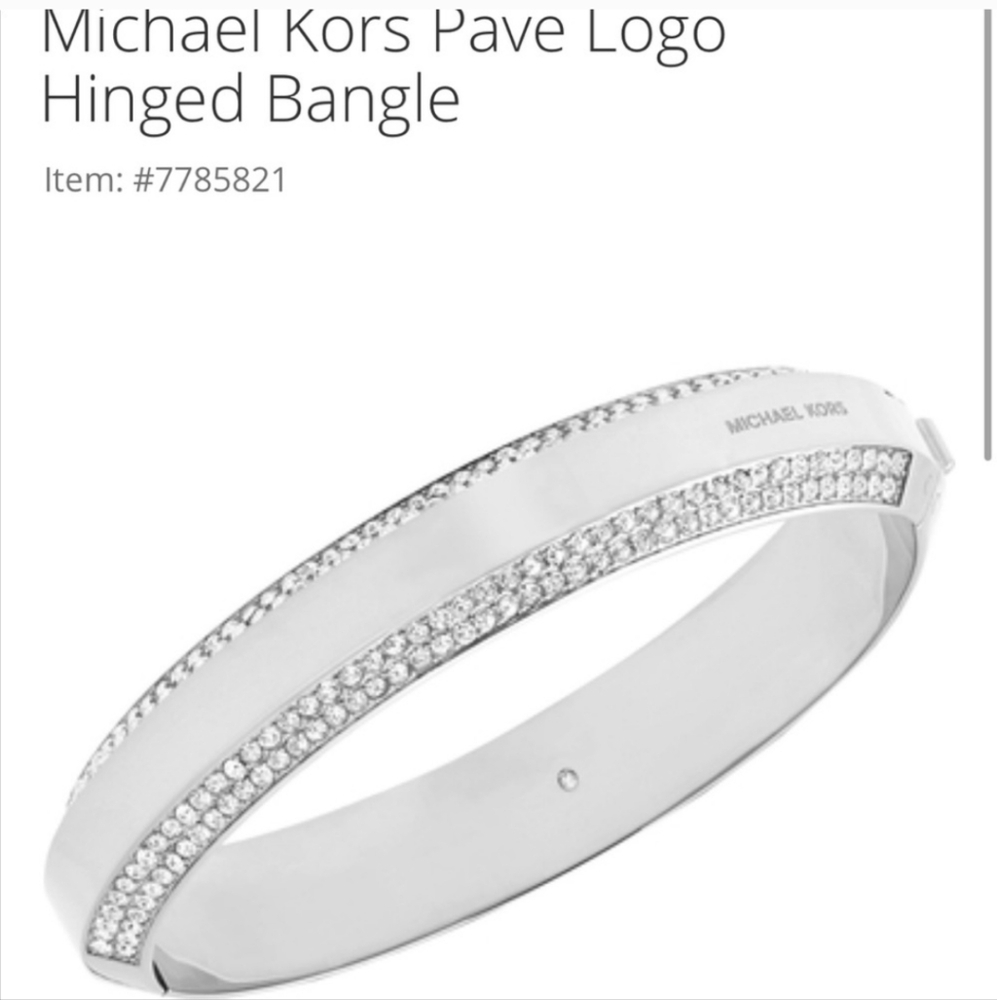 💕Michael Kors Logo Plaque Hinge Bangle Bracelet Silver Pave 💕
